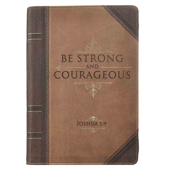 Faux Leather Journal with Zipper - Strong And Courageous, Antiqued