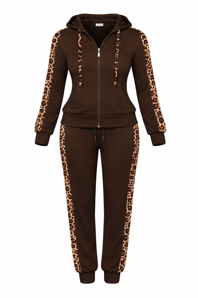 Secret Shied Women's Leopard Panel Tracksuit Set - Zip Up Jacket &amp; Jogger