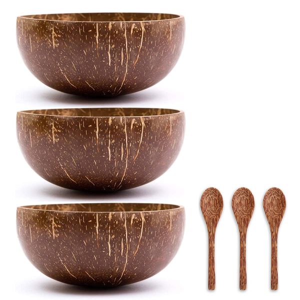 3 Pack Polished Coconut Bowls with Wooden Spoons, 500ml