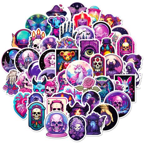 Art Craft Waterproof Stickers 50pcs - Gothe Series Lady Star Purple Hair Image