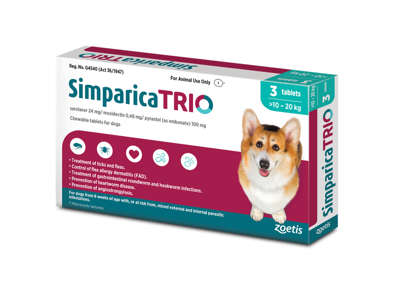 Simparica Trio 10.1 - 20kg (Ticks, Fleas and Deworming)