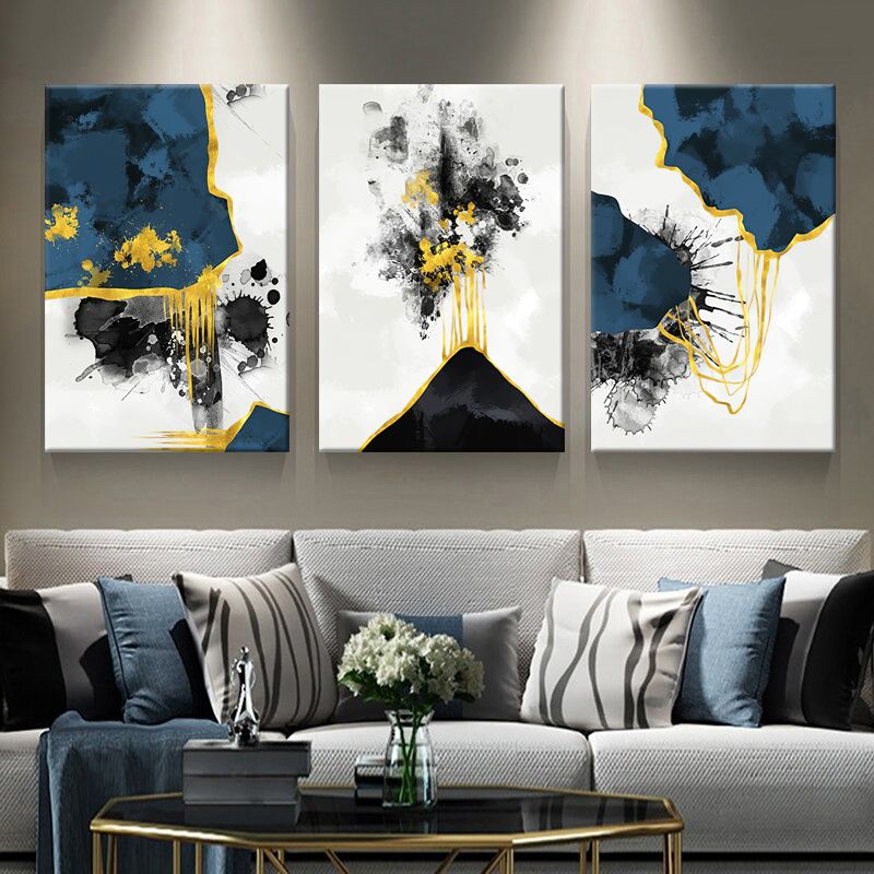 Colorful 3-Piece Blue Ink Poster Abstract Canvas Print Wall Art Decor