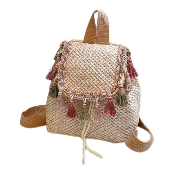 Bohemian Tassel And Straw Woven Shoulder Rucksak