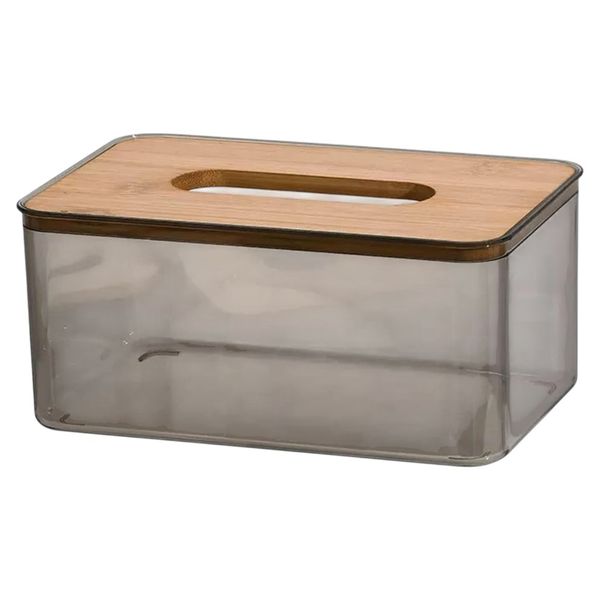 Minimalistic Acrylic Napkin Storage Box With Wooden Lid - Brown Transparent
