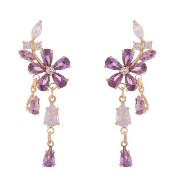 Elegant Purple Floral Drop Earrings , 18K Gold Plated with Zirconia Stones