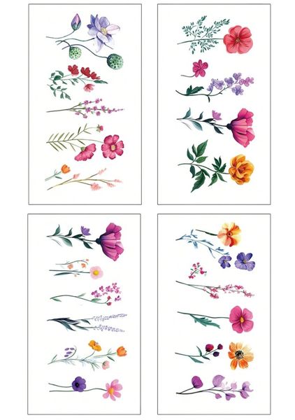 4 Piece - Soft Blossom Floral Temporary Tattoo - Multicolor