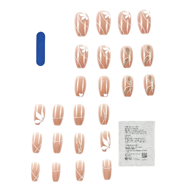 24-Piece Elegant Press-On Nail Set with Floral &amp; Glitter Accents - White