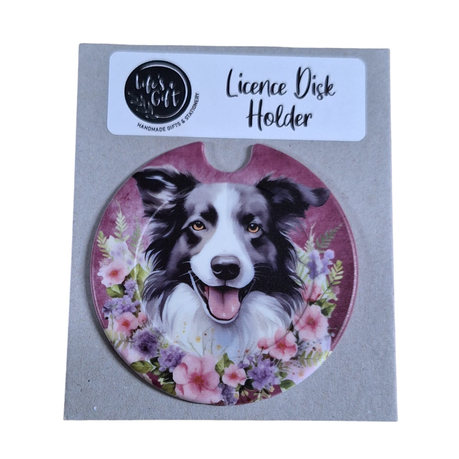 Dog & Flowers Licence Disk Holder - Open-Mouth Border-Collie Image