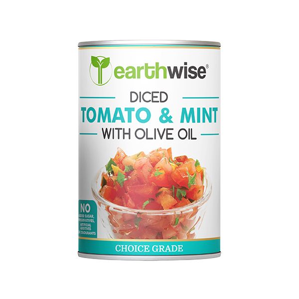 Peeled, Diced Tomato &amp; Mint With Olive Oil 400g x 12 Pack - Earthwise