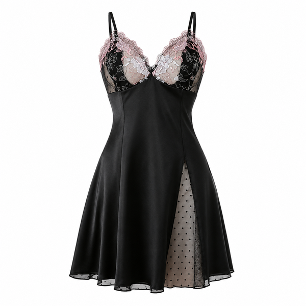 Women's Black Embroidered Polyester V-Neck Regular Camisole Dress