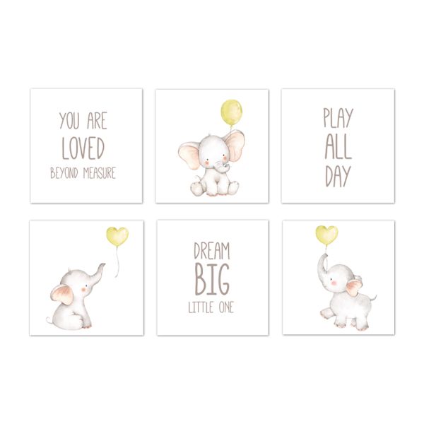 Nursery Wall Art - Elephant Yellow Balloons - Canvas Memory Block Set of 6