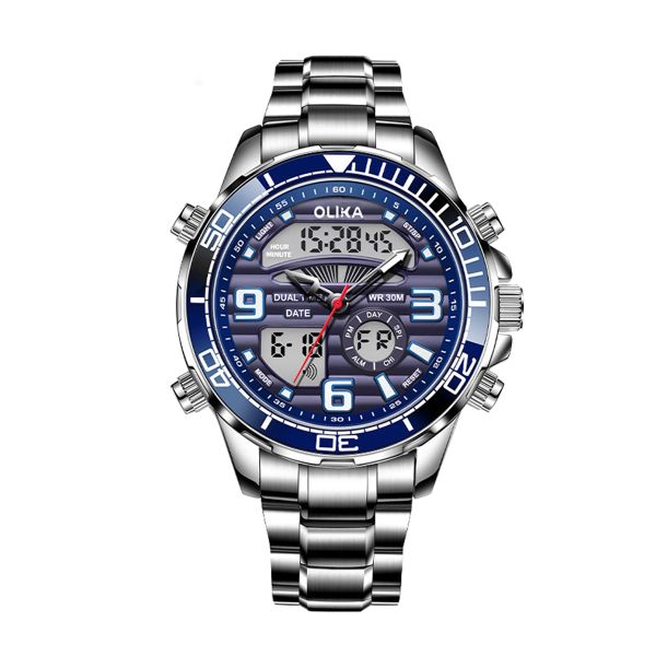 Men's Dual Display Quartz Watch Stainless Steel Wristwatch Bracelet Blue