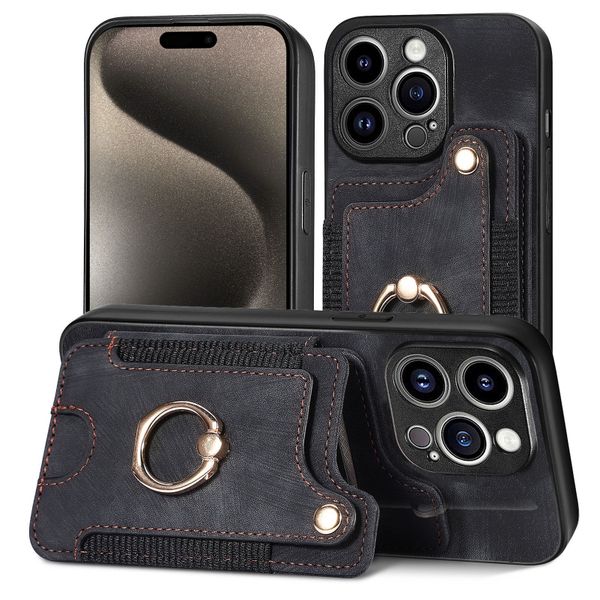 Finger Ring Case Compatible With iPhone 15 Pro Leather Lanyard Cover