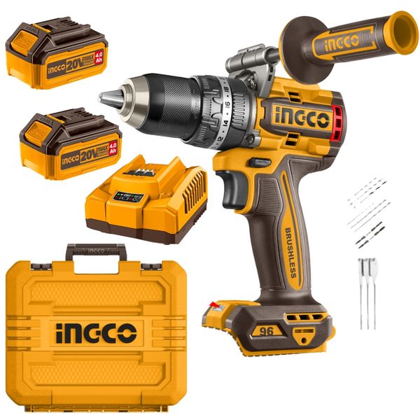 Ingco - Cordless Impact Drill (96Nm) with 2 x 4Ah Batteries, Charger &amp; Bits