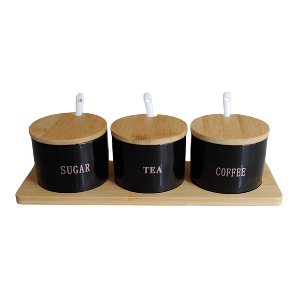 9t9-3 Piece Jars Porcelain With Bamboo Lids And Base