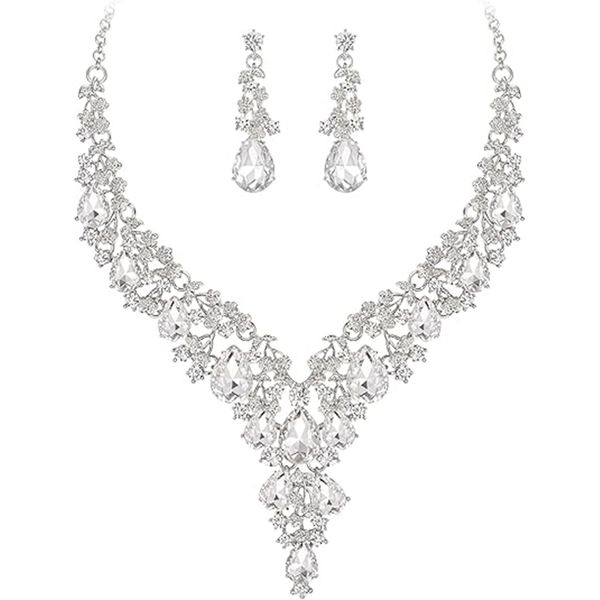 Women Necklace Earrings,Teardrop Cluster Crystal Jewelry Set