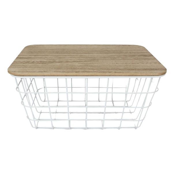 Excellent Houseware - White Metal Basket with MDF Burned Finish Top