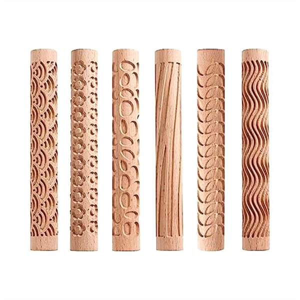 Set of 6 Wood Clay Modeling Pattern Rollers Kit