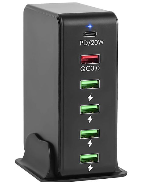 65W 6 Port Charging Station USB C and USB Multi Charger Station only white
