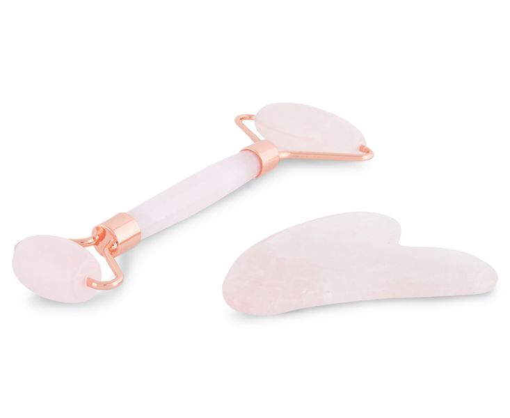 Rose Quartz Stone Roller &amp; Gua Sha with Rosegold Handles