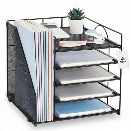 Topika - Desk Organiser with 5-Tier Tray & Side File Holder, Black Steel Image