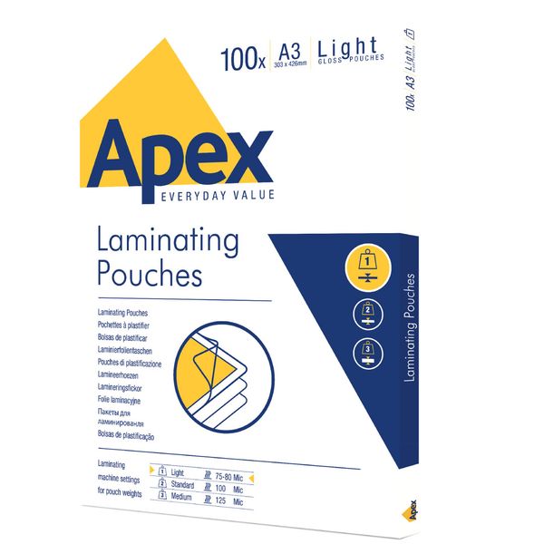 Apex Laminating Pouches, Light A3 Gloss, 150 Micron, 100 Pack