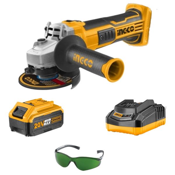 Ingco - Cordless Angle Grinder 20V+ 4.0Ah Battery &amp; Charger + Eyewear