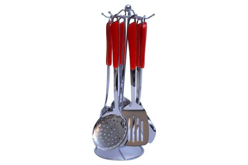 Red, Silver Stainless Steel Spoon And Stand