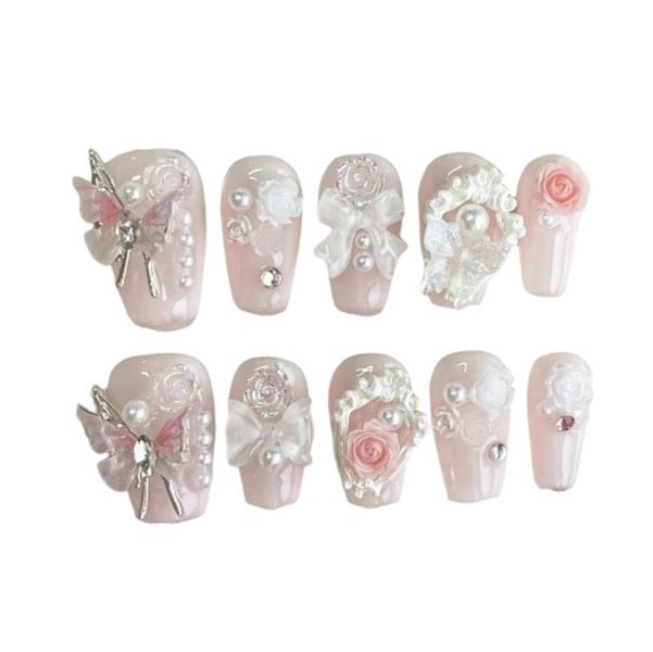 10-Piece-3D Press-On Nails With Butterfly, Bow &amp; Rose Embellishments - Pink