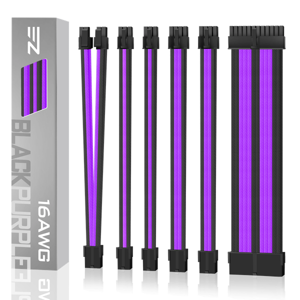 EZDIY-FAB 16 AWG PSU Premium Nylon Sleeved Extension Cable Kit-Black&amp;Purple
