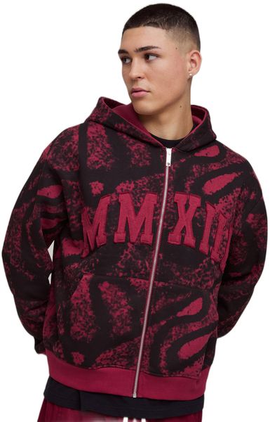 boohooMAN - Men's Shrunken Fit Applique MMXIII Zip Through Hoodie - Berry