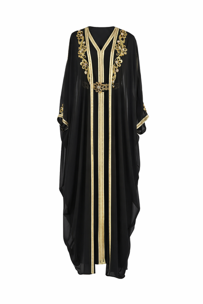 2-Piece Formal Black Abaya Set with Removable Belt and Sheer Cloak