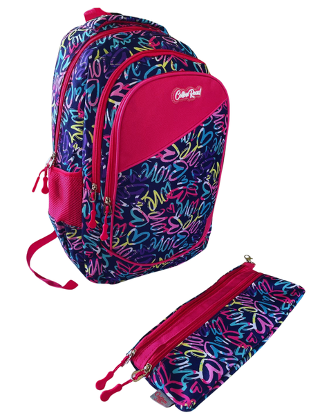 School Backpack &amp; Pencil Case Set - Vibrant Hearts-Themed (Purple &amp; Pink)