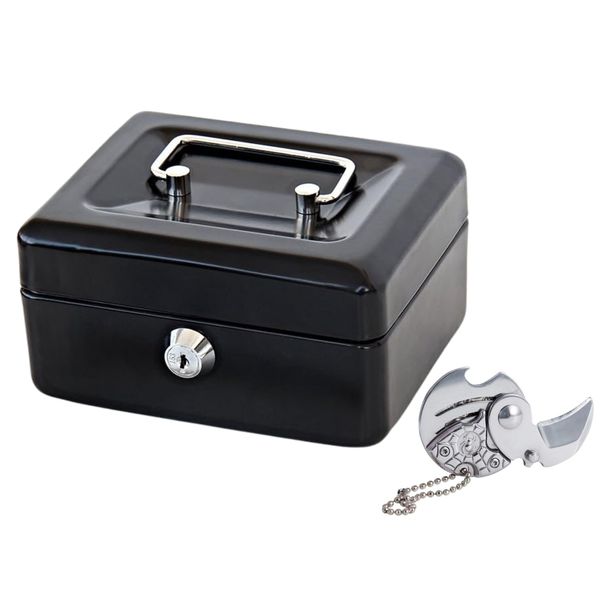 Compact Metal Lock Cash Box 2 x key and Foldable Keyring Knife