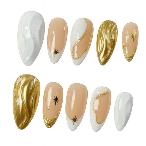 10 Piece - Gold &amp; White Swirl Design Press-On Nails - Multicolour