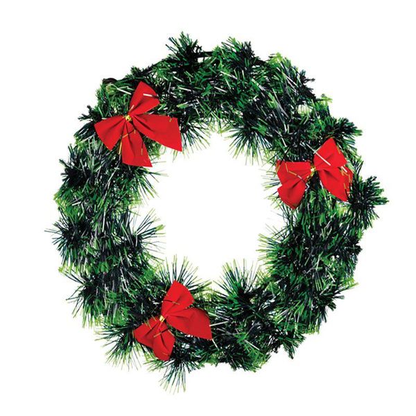 Artificial Christmas Wreath Tinsel with Big Red Ribbons - 24cm (Set of 3)