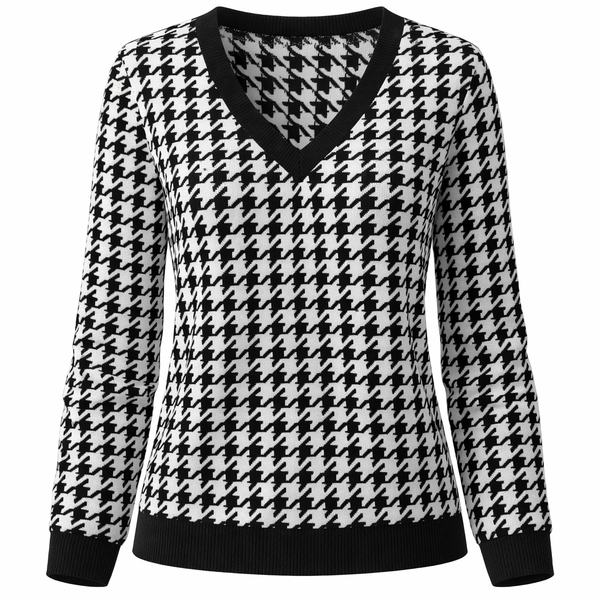 Women's Houndstooth Knit V-Neck Top - Black &amp; White