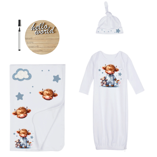 Newborn-Sleeping Bag, Swaddle,Hat, &amp; Birth Announce World-Highland Cow Boy