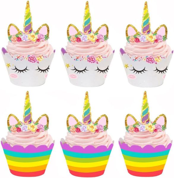 12 Piece Unicorn Cake Topper &amp; 12pcs Wrapping Paper