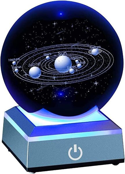 8cm 3D Crystal Ball with Colour Changing Light Up Base - Solar System