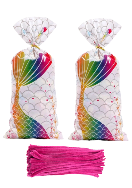 Rainbow Mermaid Tail Party Favor Bags With Twist Tie &amp; Chenille - Set of 25