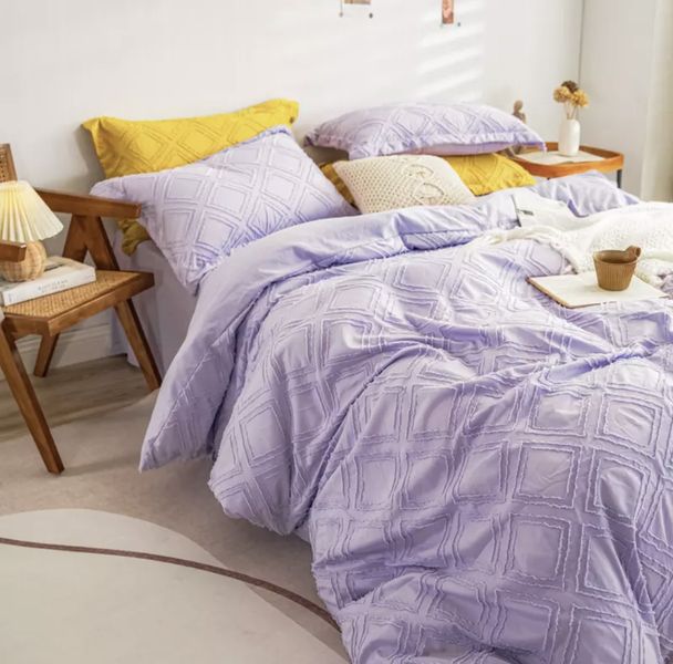 Linen Boutique - Tufted Plaid Plain Duvet Cover set - Purple