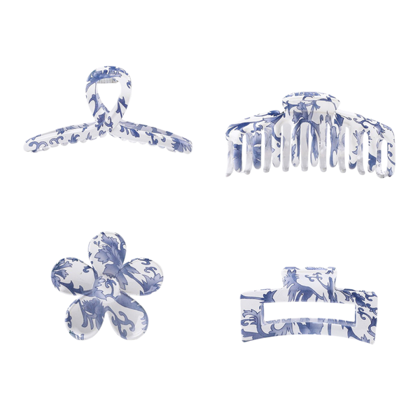 Blue And White Porcelain Printed Hair ClipS - 4 Pack