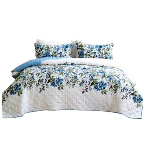 Vintage Blue Floral 3-Piece Quilt Duvet Set - 220×220cm with Pillowcases