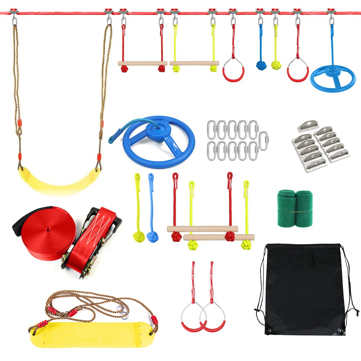 Slackline Obstacle Course Ninja Wheel Bar Hanging Ring Swing Kit For