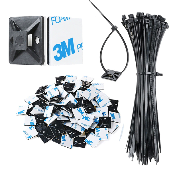 100-Pack 1.91 cm Black Self-Adhesive Cable Zip Tie Mounts with 8-inch Ties