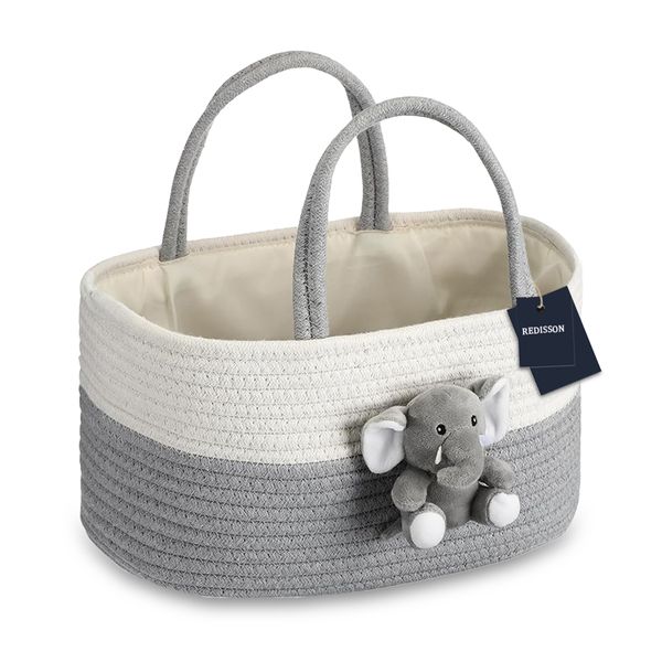 Portable Baby Diaper Caddy Organizer Cotton Rope Nursery Storage Bin Basket - Elephant