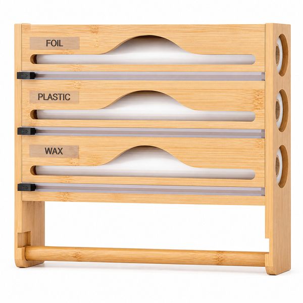 Bamboo Wrap Organizer with Cutter 5-in-1 Foil &amp; Plastic Wrap Dispenser
