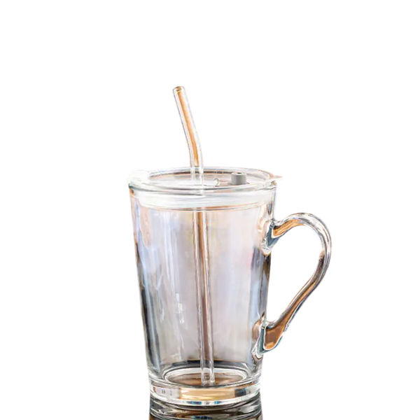 Glass water cup with a straw, handle and lid