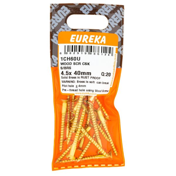 EUREKA Wood Screw Countersunk Solid Brass 4.5 x 40mm Q:20 1CH60U